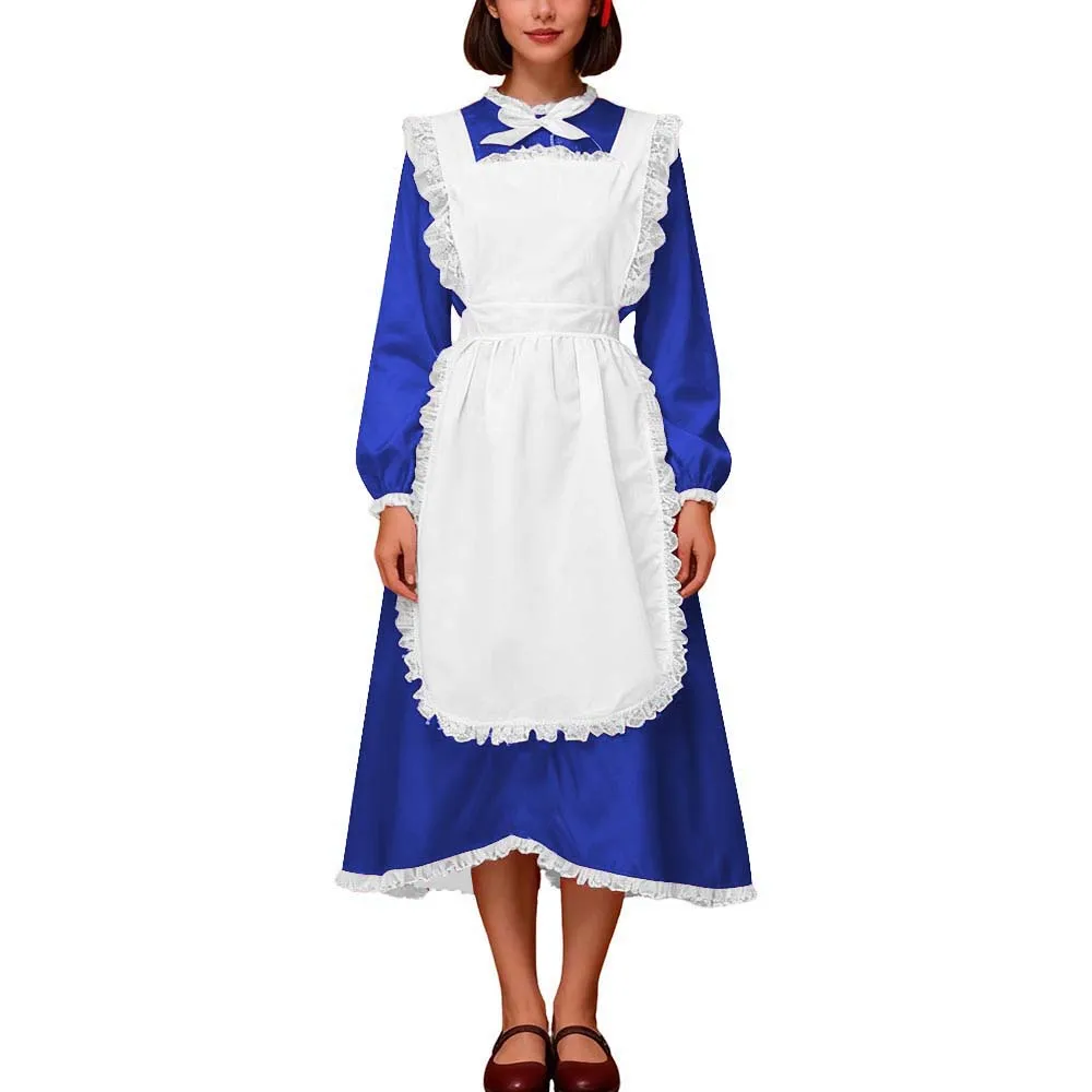 Crossdresser Halloween Vintage Satin Maid Uniform Long Sleeve Party Fancy Dress with Lace Apron Sissy French Maid Cosplay Outfit view 5