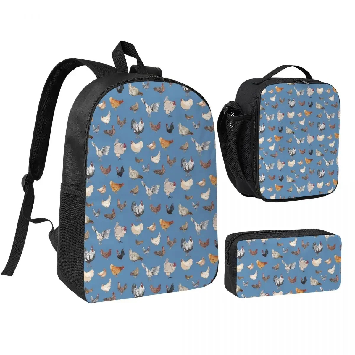 Chicken Happy Print Backpack Student Boys Girls BookBag School Bag Computer Shoulder Bags 3ps Insulated Lunch Bag Pencil Case