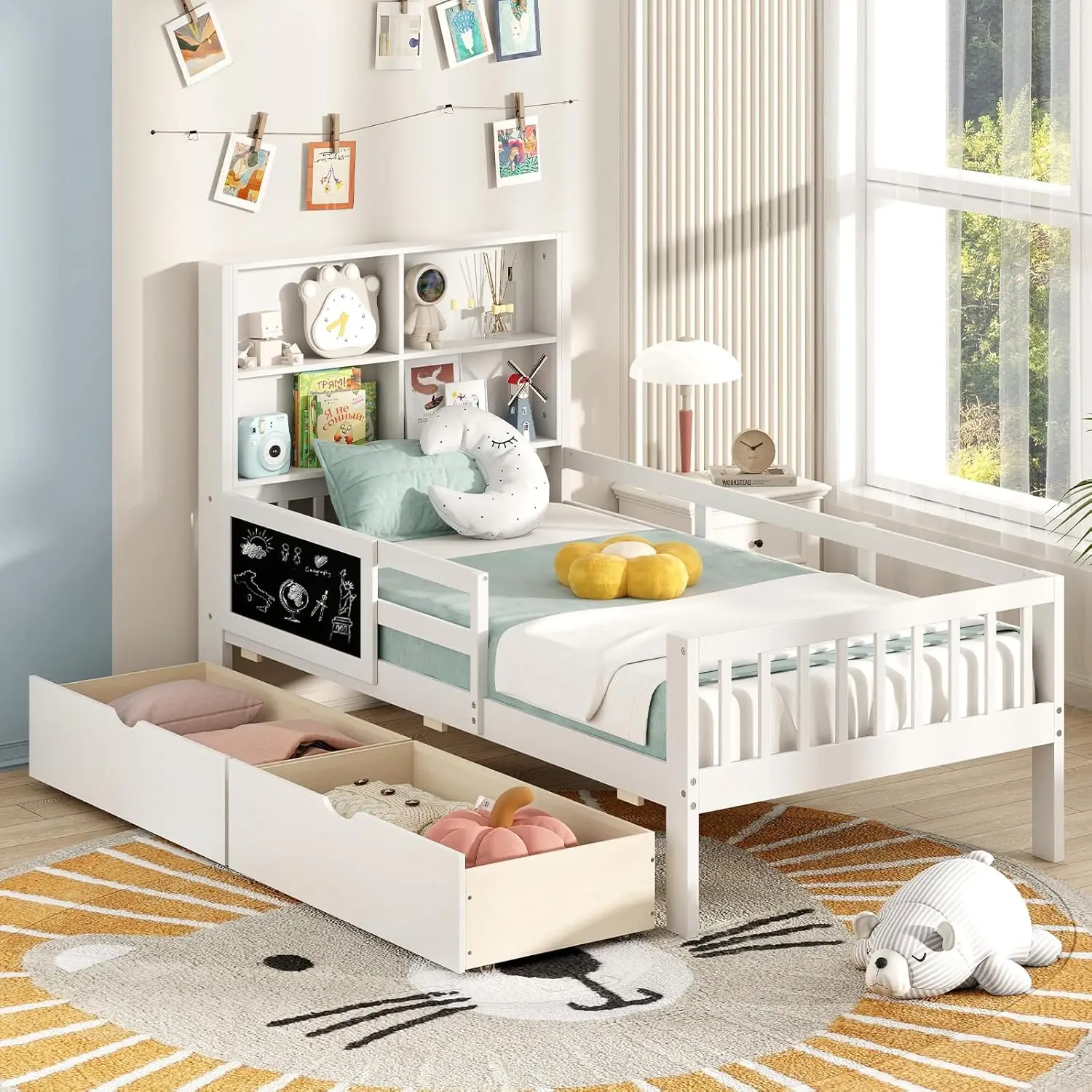 Cama com 2 gavetas de armazenamento, estrutura de cama infantil de madeira maciça com cabeceira de estante e quadro negro, guarda-rails de comprimento total e W