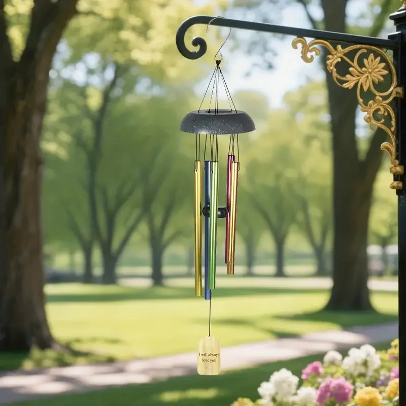 

48cm Colorful Aluminum Wind Chimes Floral Pattern Wooden Plaque Engraved 'I Will Always Love You' Message New Year Outdoor