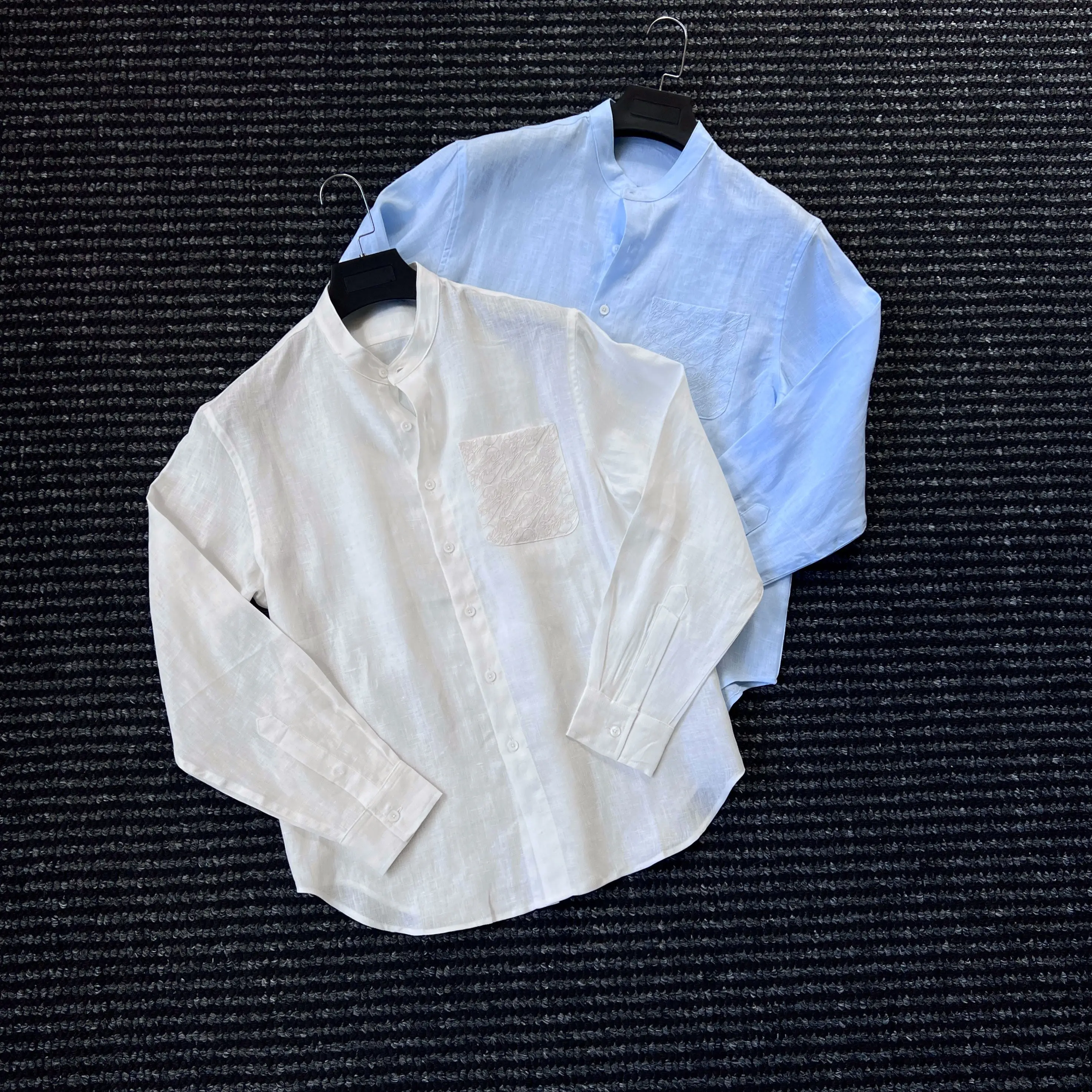 

Summer high-end 10,000-needle embroidered stand-up collar 100 linen shirt men's and gentlemen's old money breathable shirt