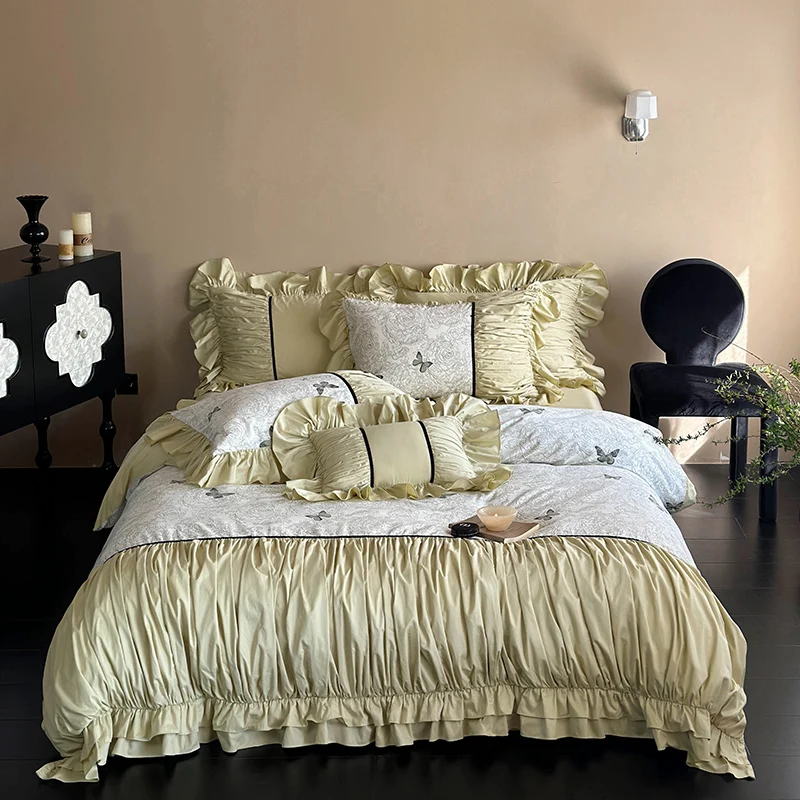 Cotton Printed French Lace Bedding Set Duvet Cover Linen Fitted Sheet Pillowcases Home Textile