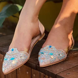 Summer Women Ballet Flat Rhinestone Pointy Ballerina Soft Sole Slip on Casual Female Crystal Elegant Wedding Shoes Ladies Spring