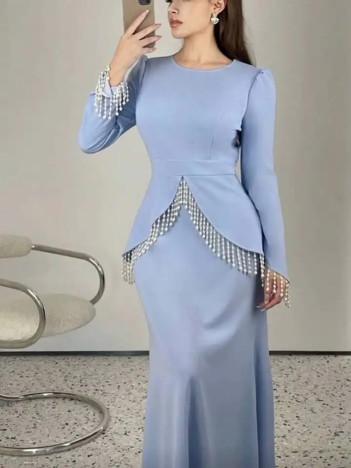 Luxury A-line Floor Length Prom Dresses Women's Scoop Neck Full Sleeve Evening Gowns with Pearls Party Dress Customzied 2026
