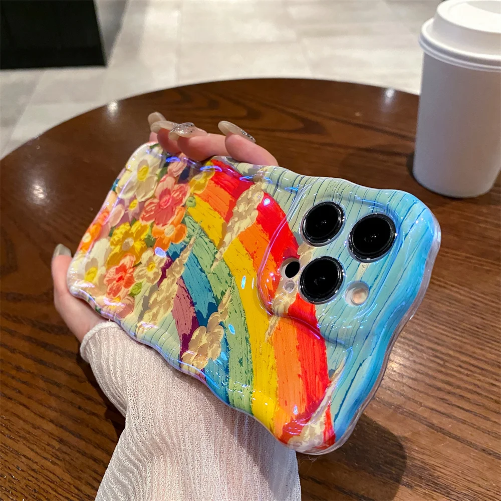 Ottwn Twisted Edge Laser Rainbow Clouds Flowers Phone Case For iPhone 11 12 14 15 Pro Max Plus Soft Shockproof Back Bumper Cover