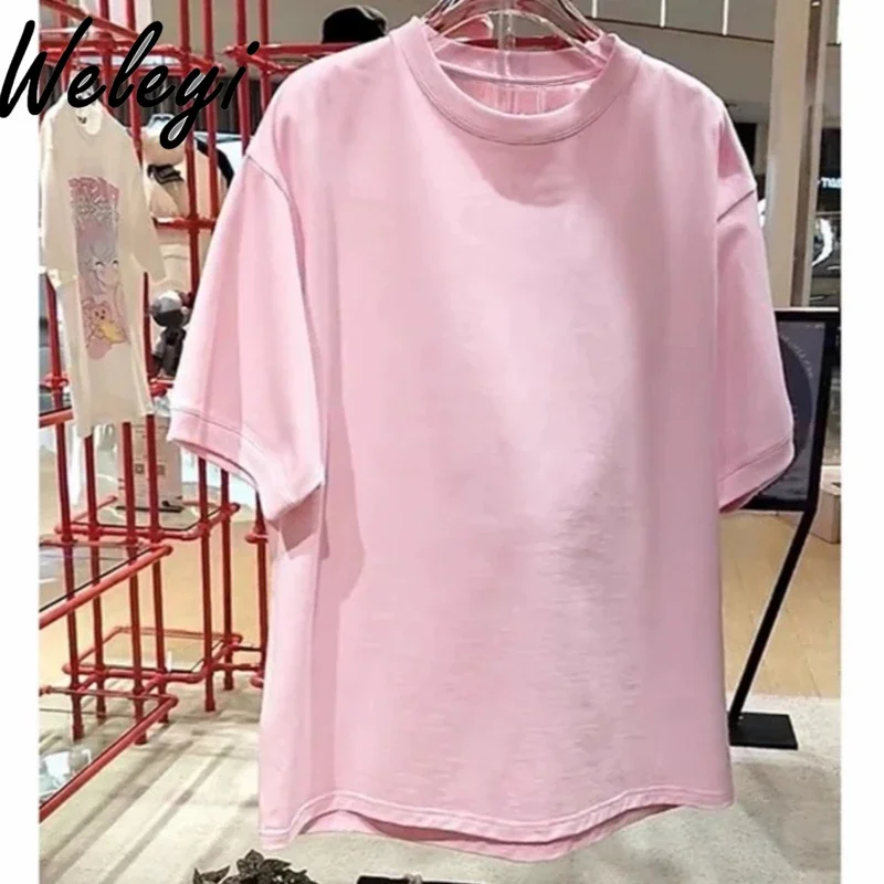 Loose Woman\'s Three-Dimensional Doll Bear Pink T-shirt 2024 Summer New Oversize Half Sleeve T-shirts for Women Mid-Length Top