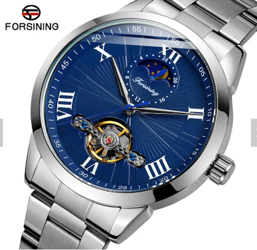 Fashion Forsining Top Brand Automatic Full Stainless Steel Band Business Men's Mechanical Tourbillon Moon Phase Wrist Watches