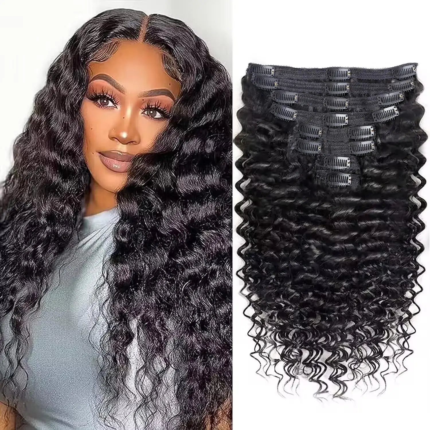 Deep Wave Clip In Hair Extensions 100% Unprocessed Human Hair Curly Clip In Human Hair Extensions PU Seamless Clip In 16-26 Inch