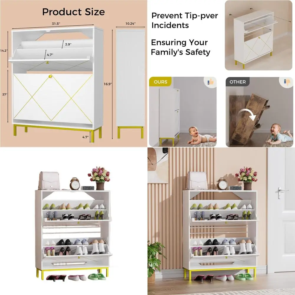 خزانة أحذية بيضاء قائمة بذاتها مكونة من 4 طبقات مع درجين، ودعم ساق معدنية لتخزين البهو والممر