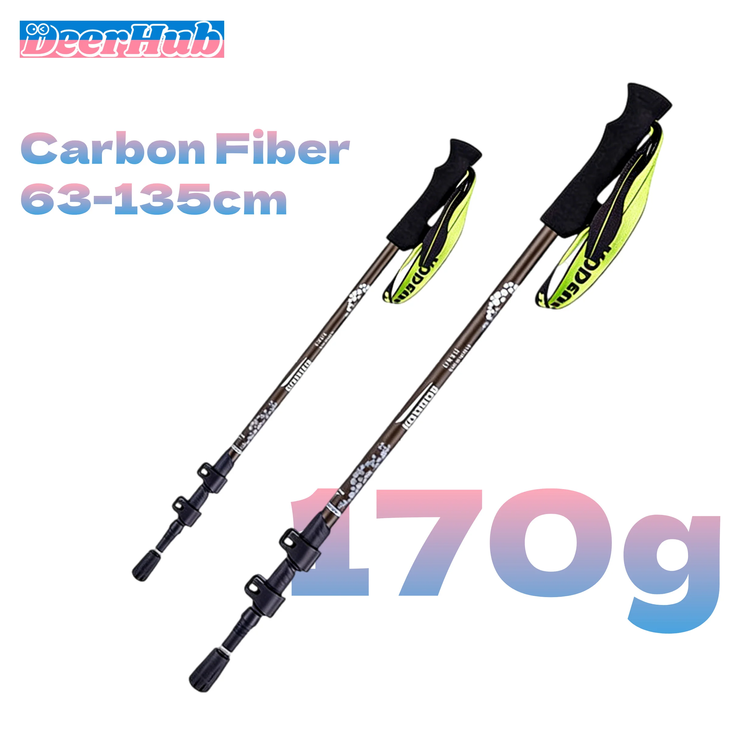 Carbon Fiber Trekking Poles 170g Ultra Light Adjustable 63-135cm 3-Section Folding External Lock Tungsten Tip by DeerHub