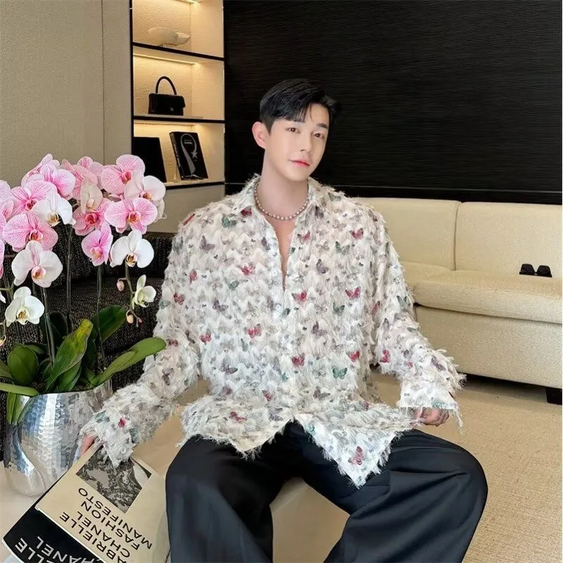 Men Senior Luxury Butterfly Tassel Design Shirts Tops Male Festival Birthday Party Dinner Banquets Club Holiday Gentlemen Blouse