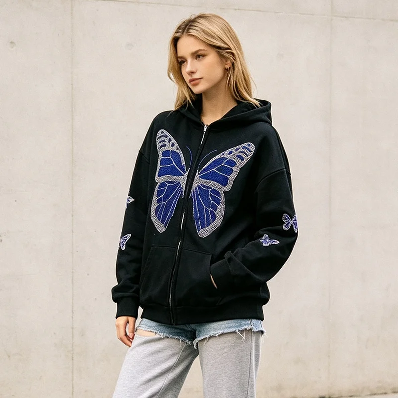 Women Rhinestone Butterfly Zip Up Hoodie Y2K Vintage Oversized Streetwear Casual Loose Long Sleeve Hooded Sweatshirt With Pocket