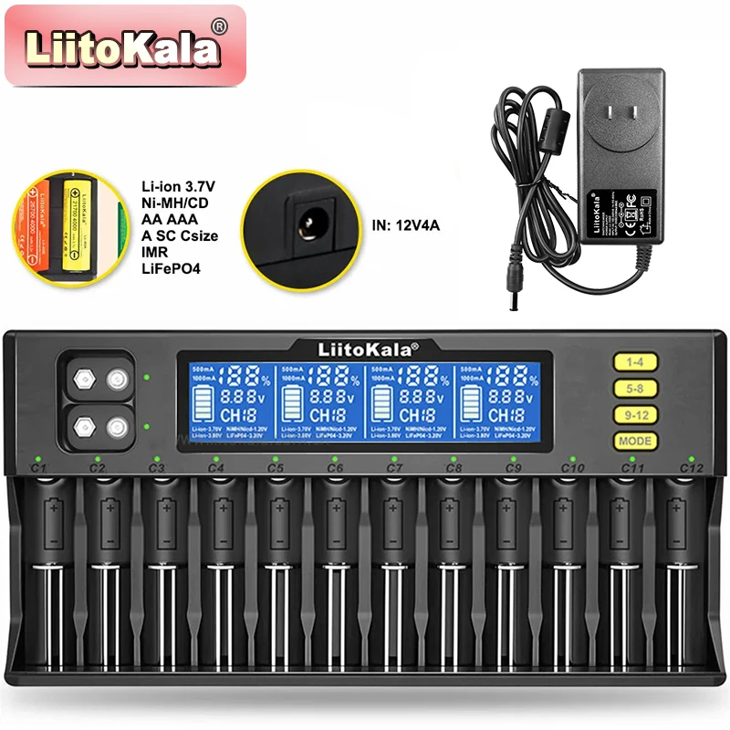 

LiitoKala LiI-S12 Multi-Battery Charger with LCD Screen - 12 Slots for Li-Ion/NiMH/9V, Auto Voltage, Fast Charging, Overcharge