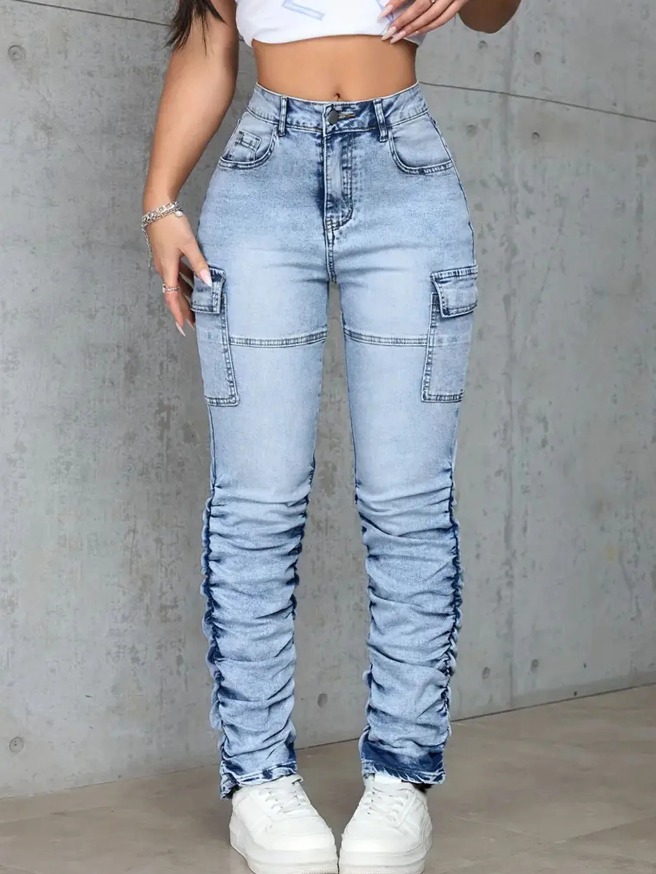 

2025 Autumn Women's Y2K Jeans Vintage Blue Washed Denim Pants Distressed Wrinkled Straight Leg American Retro Style 4001