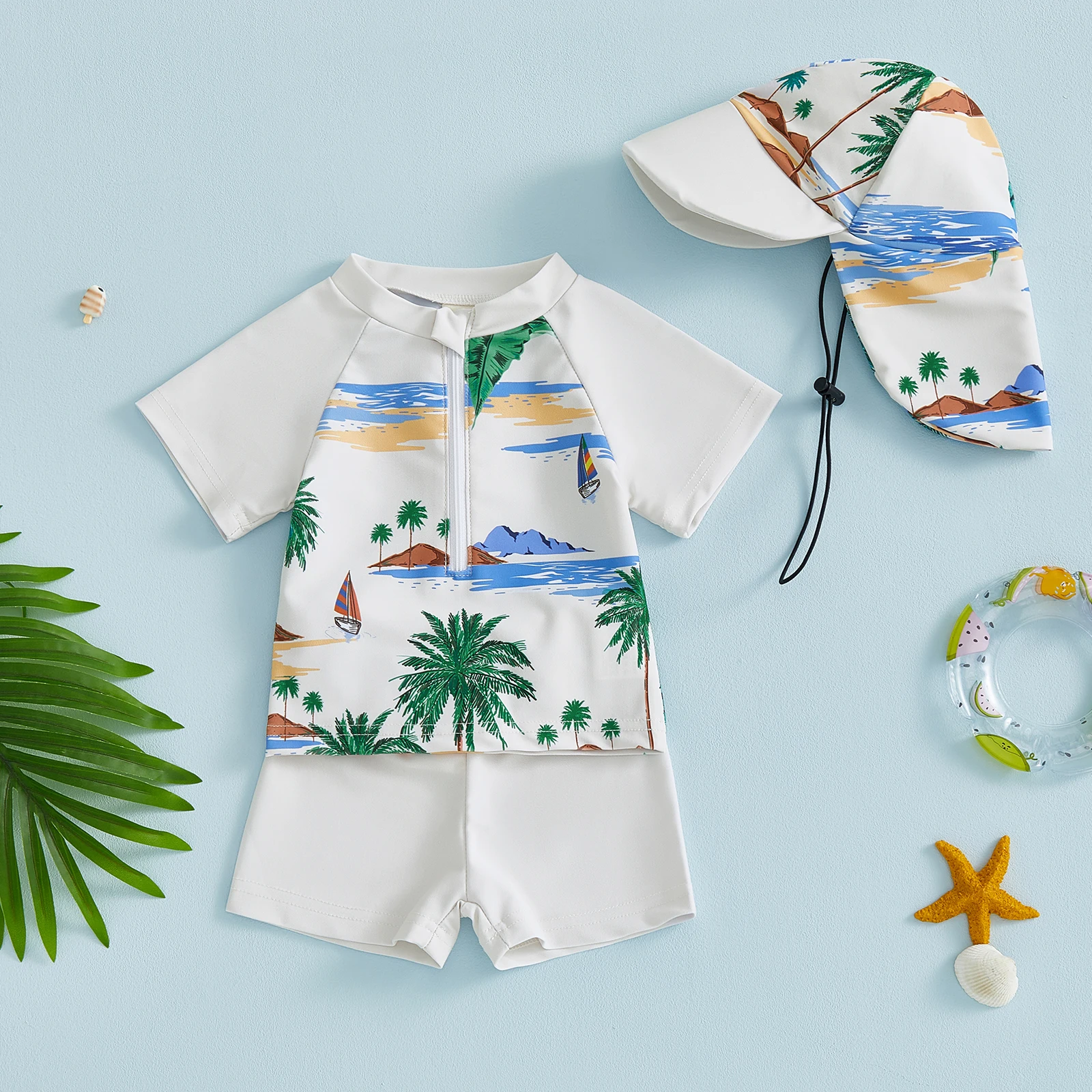 2026 New Baby Boys Swimsuits Set Summer Cute Print Zipper Short Sleeve Rash Guard and Swim Trunks and Hat Swimwear Beachwear