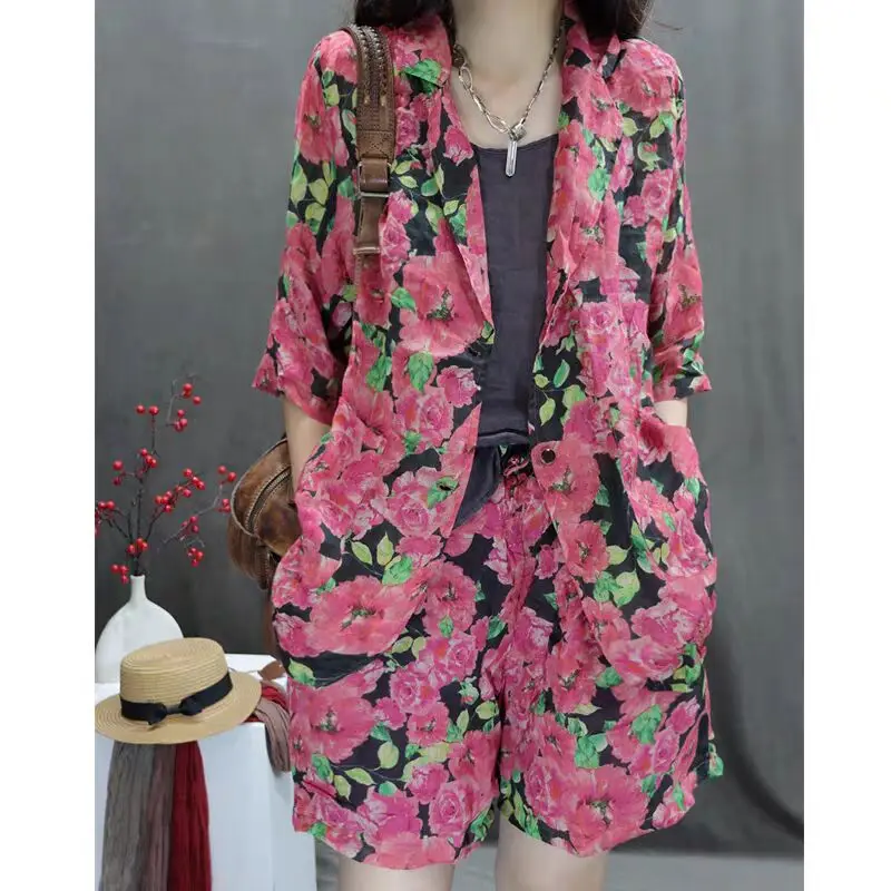 Ele Lightweight Hemp Print Vintage Loose Women's Suit Set Faionable Drifting Sle Cotton Fabric Summer Collection