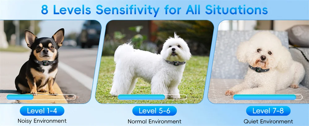 �Intelligentes wiederaufladbares Anti-Bell-Halsband für Hunde, Vibration, 4 Modi, 8 Empfindlichkeit, IP67, wasserdicht, für kleine, mittelgroße Hunde, 5–15 lbs ​ – Detail 5