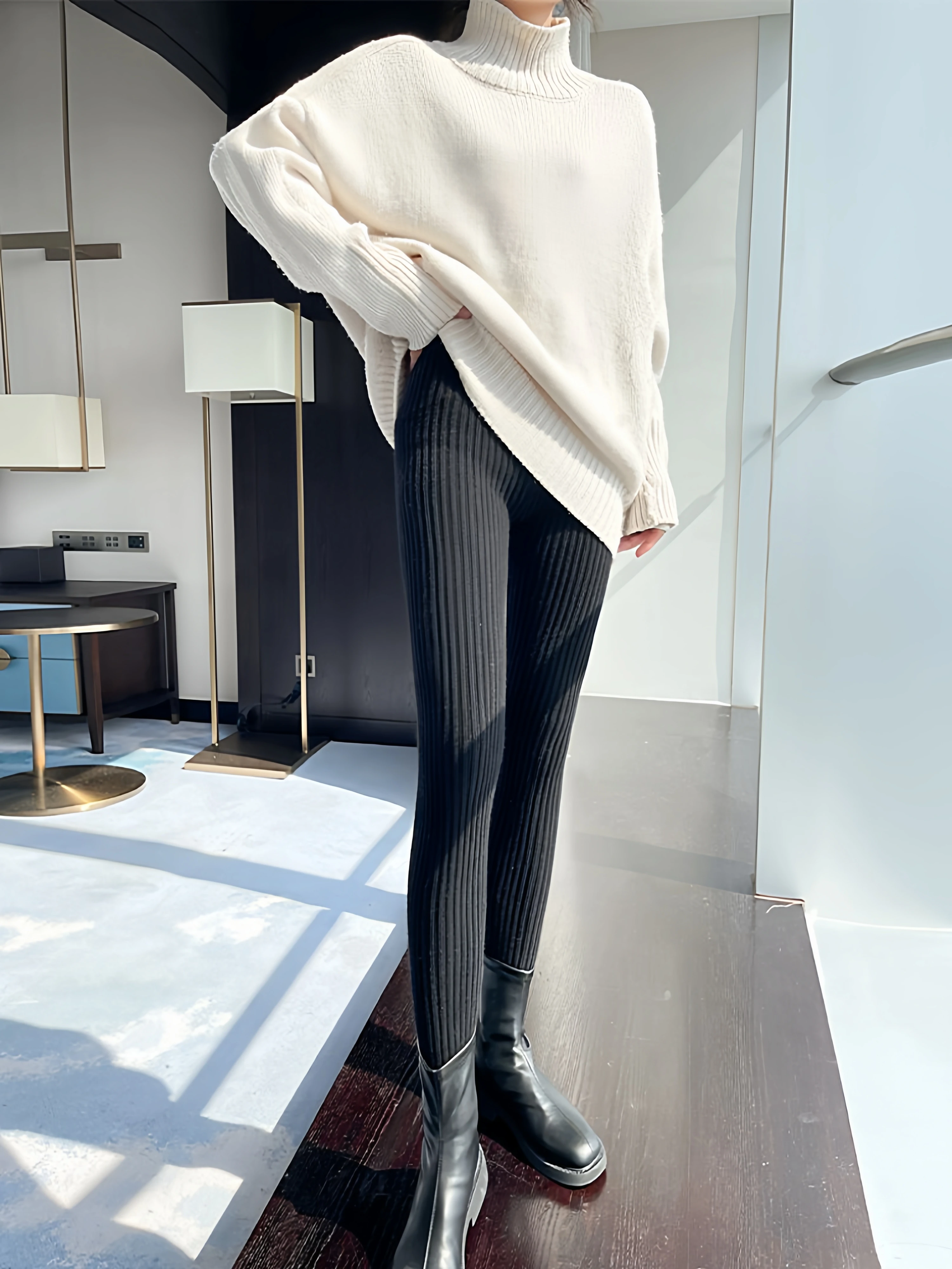 Women's Thickened Knitted Base Layer Pants High Waist Slimming Warm Trousers Nine Points Trendy Inner Wear Casual Long Pants