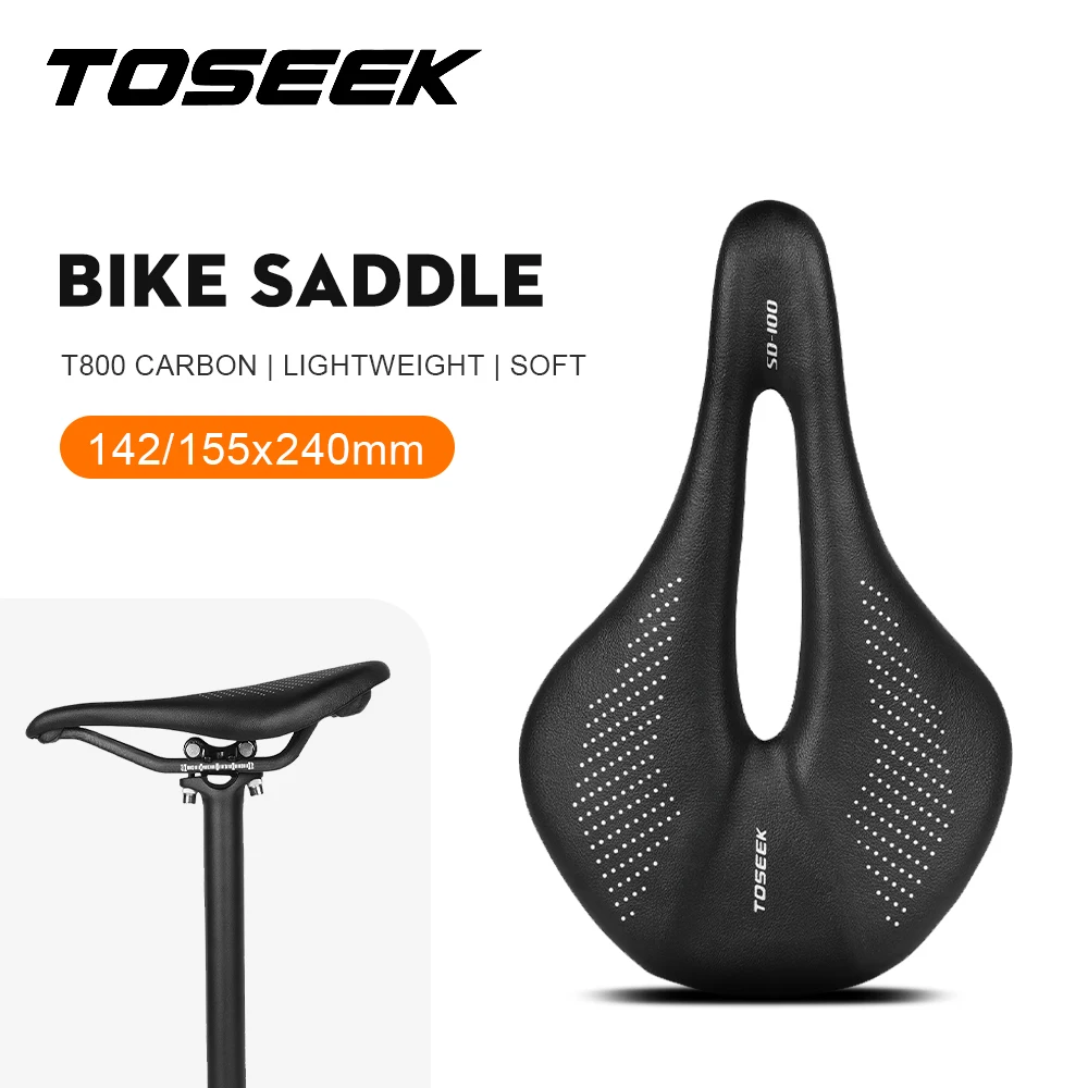 

TOSEEK Full Carbon Saddle 143/155mm 135g Ultra Light Carbon Rail Microfiber Leather Bike Seat for Mountain Road Bicycle Cycling