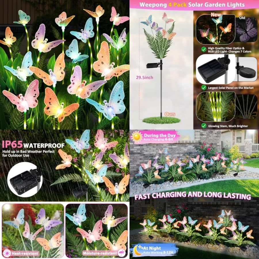 

Solar Garden Lights 4 Pack Waterproof Decorative Solar Lights Outdoor with Glowing Stems, 7-Color Changing ‎Fiber Optic Butterf