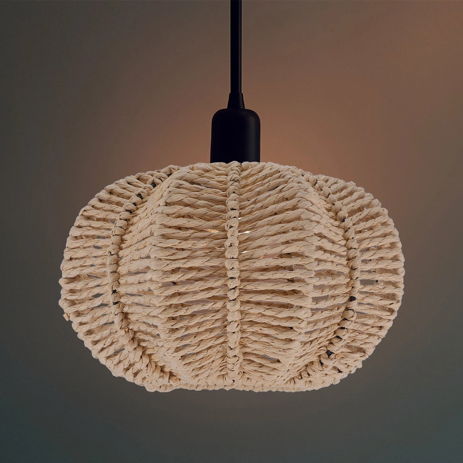 

Rustic Handwoven Rope Lampshade Vintage Pumpkin Style Woven Pendant Shade Replacement Ceiling Light Cover E27 Light