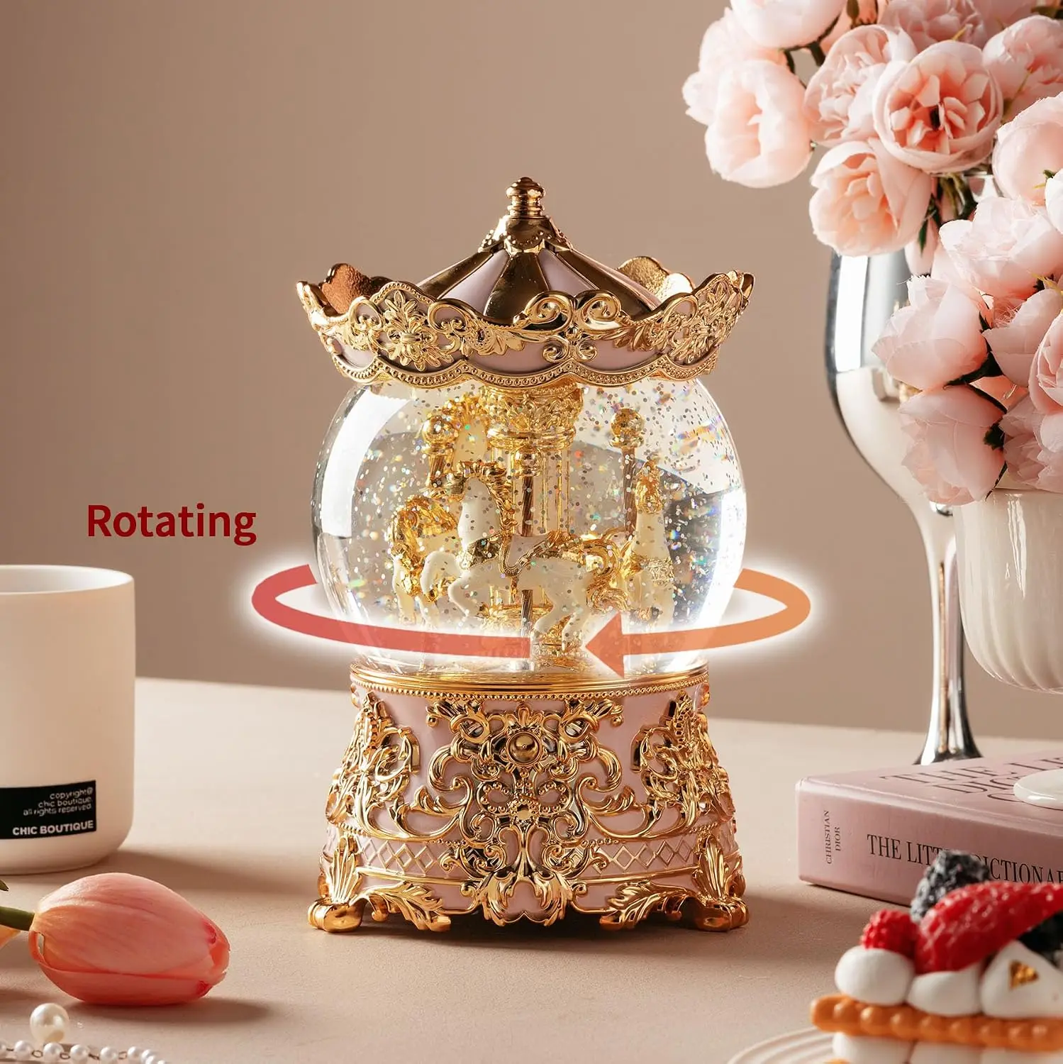 Pink Princess Unicorn Carousel Musical Snow Globe Music Box, Birthday Gift for Girls, Women, Kids, Daughter, Mom, and Grandma