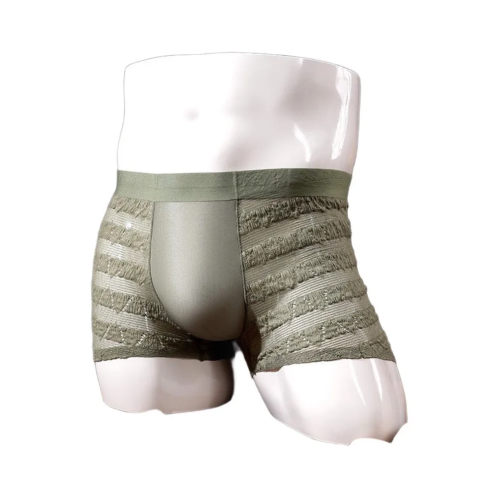 1pc Men's Underwear Wrinkle Jacquard Boxer Lace Mesh Sheer Mid Waist Trunks Striped Panties Breathable Comfortable Underwear
