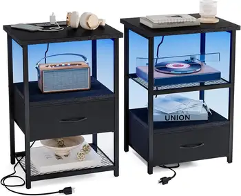 Juego de 2 mesitas de noche con base de carga, mesita de noche LED con cajones de tela, mesa auxiliar con acabado de PU, mesita de noche, color negro 10 best sales Juego de 2 mesitas de noche - №3