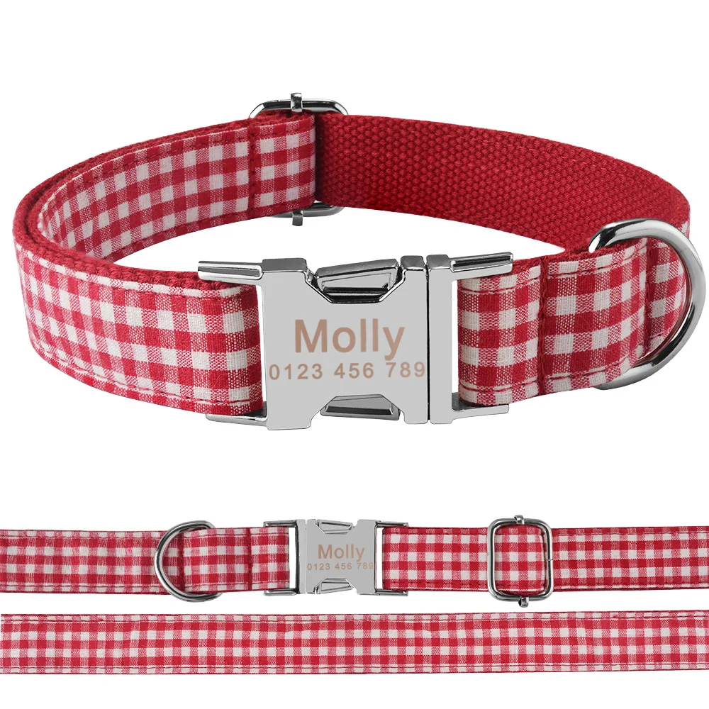 Red Plaid Engraved Name Dog Collar Fresh Summer Free Customization Personalized Pet supplies Adjustable ID Buckle