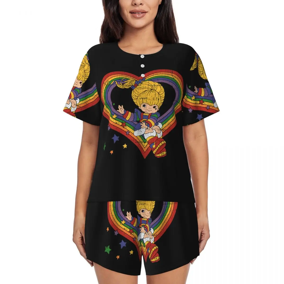 Camisones de manga corta con cuello redondo y estampado de arcoíris Rainbow Brite para dormir, camisones para mujer, conjunto de pijama suave con pantalones cortos