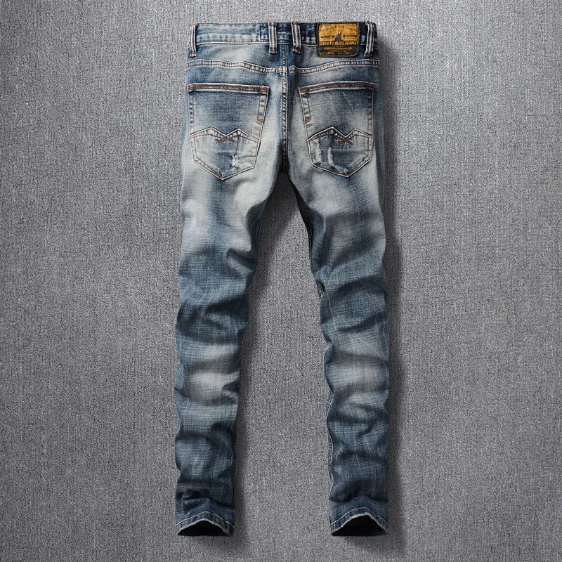 Fashion Designer Men Jeans High Quality Retro Washed Blue Stretch Slim Fit Ripped Jeans Men Trousers Vintage Denim Pants Hombre