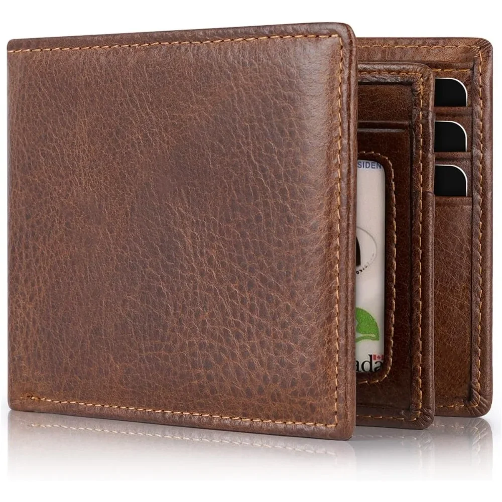 Mens Wallets Genuine Leather RFID Blocking Bifold Wallet For Men with 1 ID Window 13 Card Holders