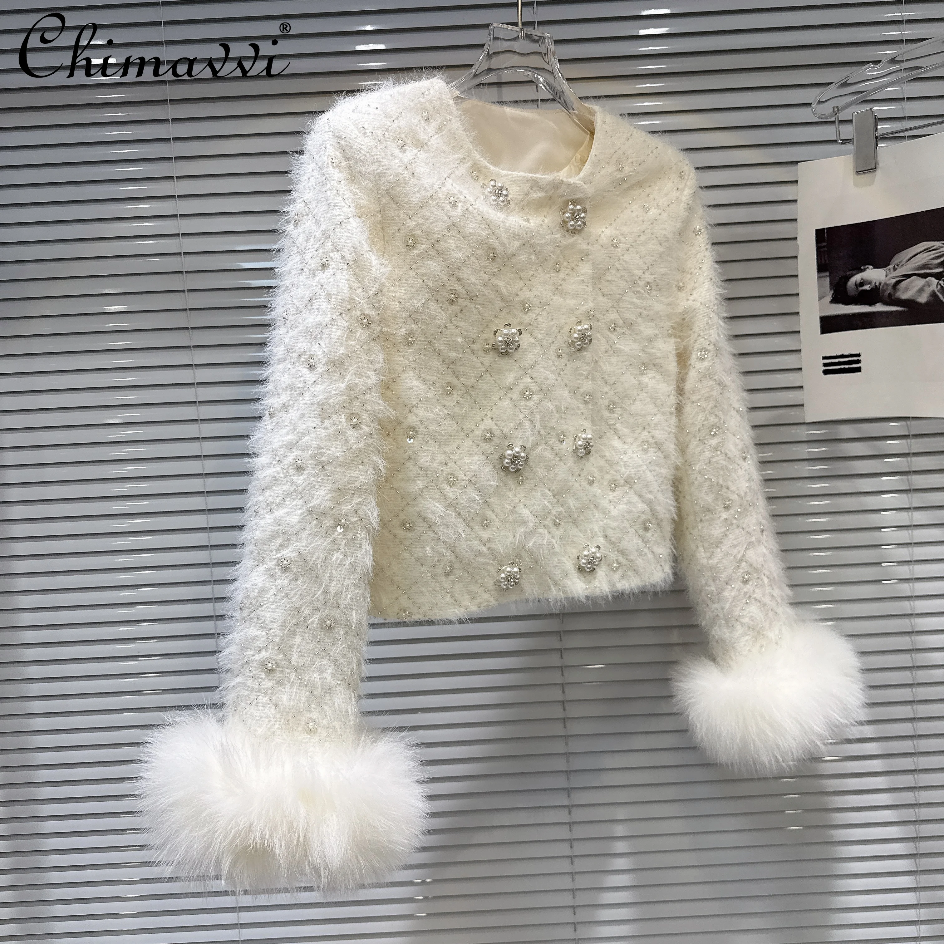 

Fashion Elegant Socialite Woolen Short Jacket Winter Beading Double-Breasted Fox Fur Long Sleeve Thick Warm Down Coats for Women