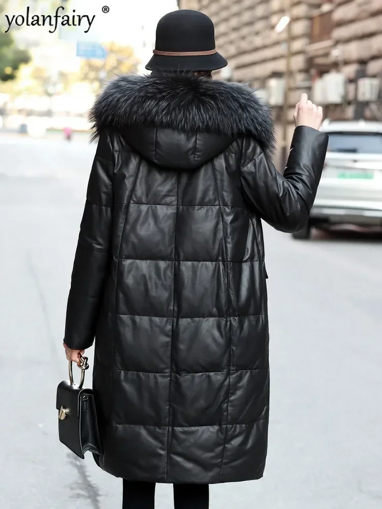 Winter Long Coat Women's Genuine Leather Down Jacket for Women Sheepskin Coats Female New Outwear Loose Versatile Fur Collar FCY