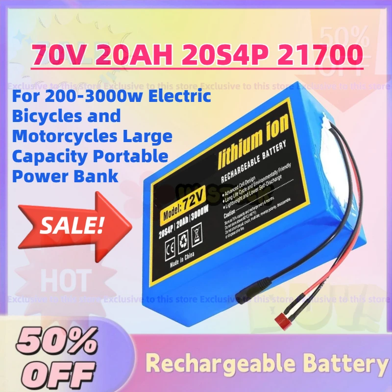 Upgrade 70V 20AH 20S4P 21700 Li-Ion Battery for 200-3000w Electric Bicycles and Motorcycles Large Capacity Portable Power Bank