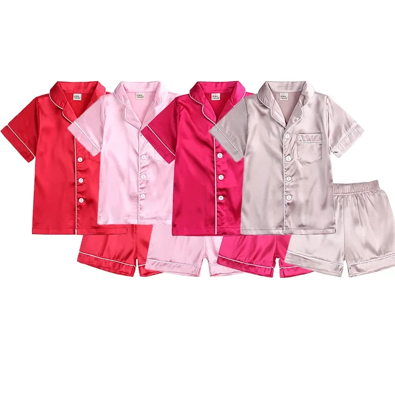 

2021 New Summer Children Clothes Pajama Set Stain Silk Soft Solid Color Comfortable Kids Girls Boys Pajamas Sleepwear Suit