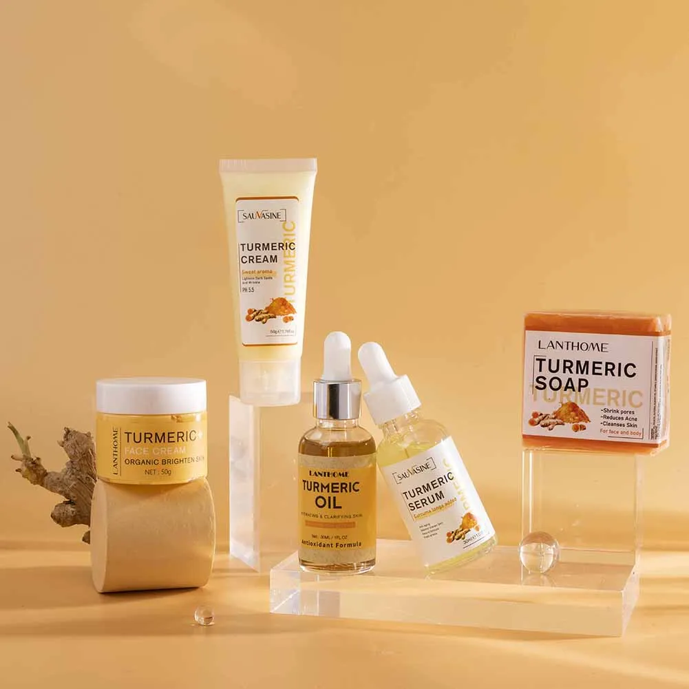 Kit de soins pour le visage, Turmeric, crème nettoyante contre l\'acné, estompe les taches foncées, sérum Anti-âge, hydratant pour la peau, 5 pièces