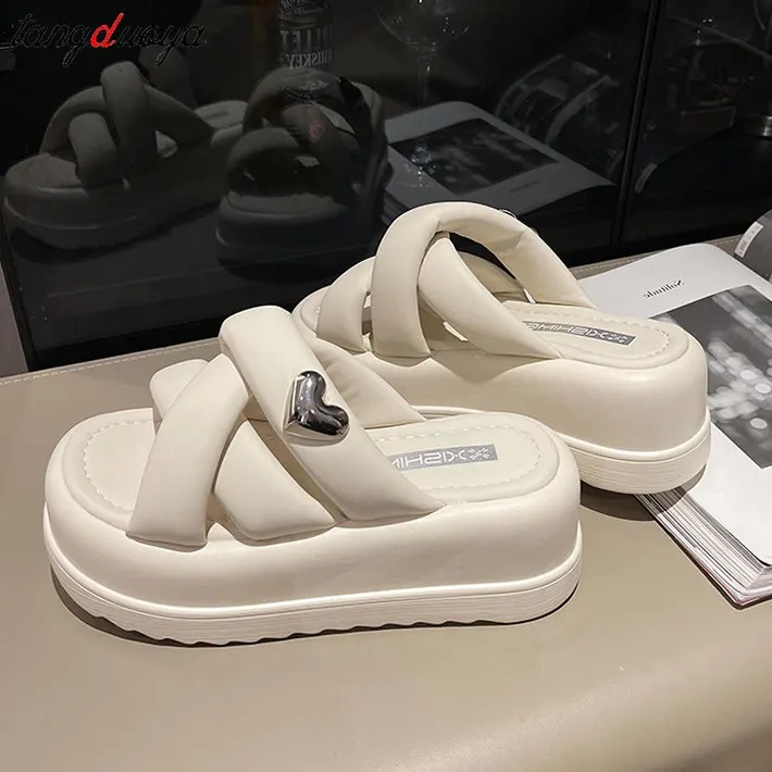 Shoes Woman 2024 Female Slippers Luxury Slides Platform Med New Soft Flat Designer Summer PU Rubber Casual Fashion Cross-tied