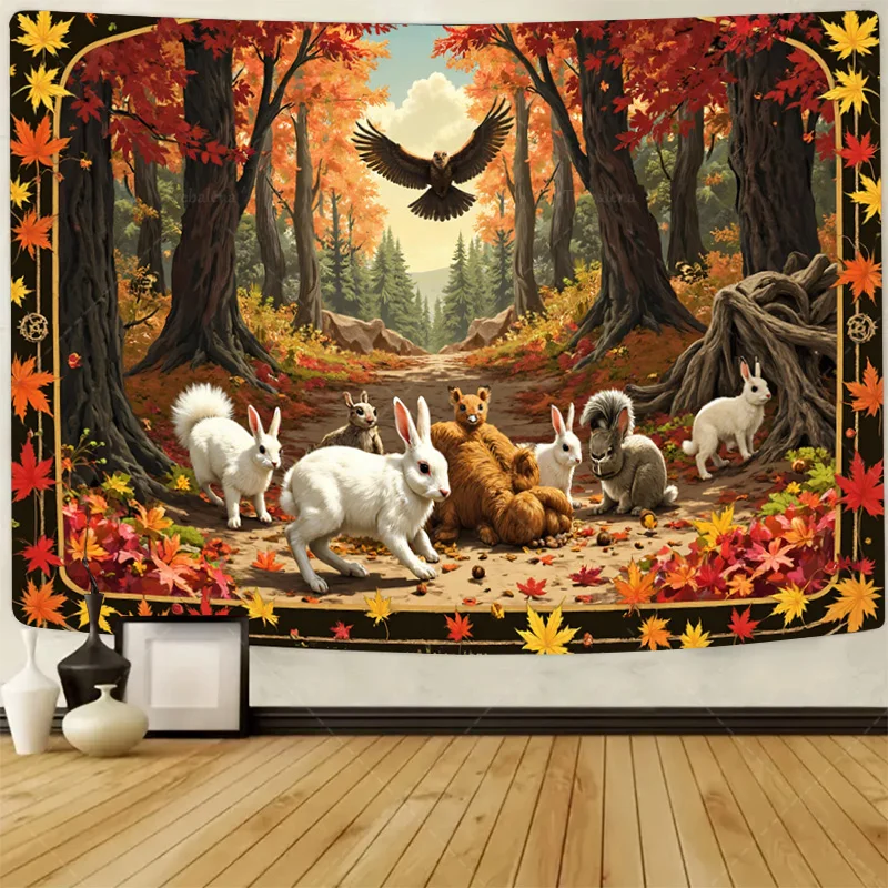 

1pc Wall Tapestry Autumn Forest Tapestry with Rabbits and Eagle, Rustic Nature Scene Wall Art