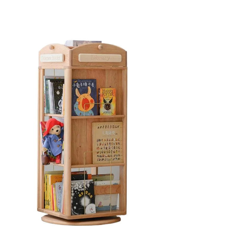 Rotating bookshelf 360-degree bookcase Solid wood picture book rack Floor storage display cabinet