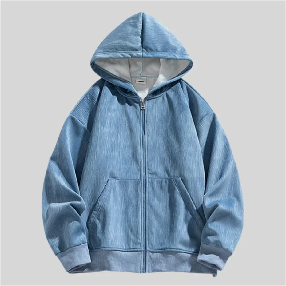 Zipper Vintage Hoodies Men Thick Fleece Warm Hooded Sweatshirts Mens Loose Solid Casual Hoodie Autumn Couple Pocket