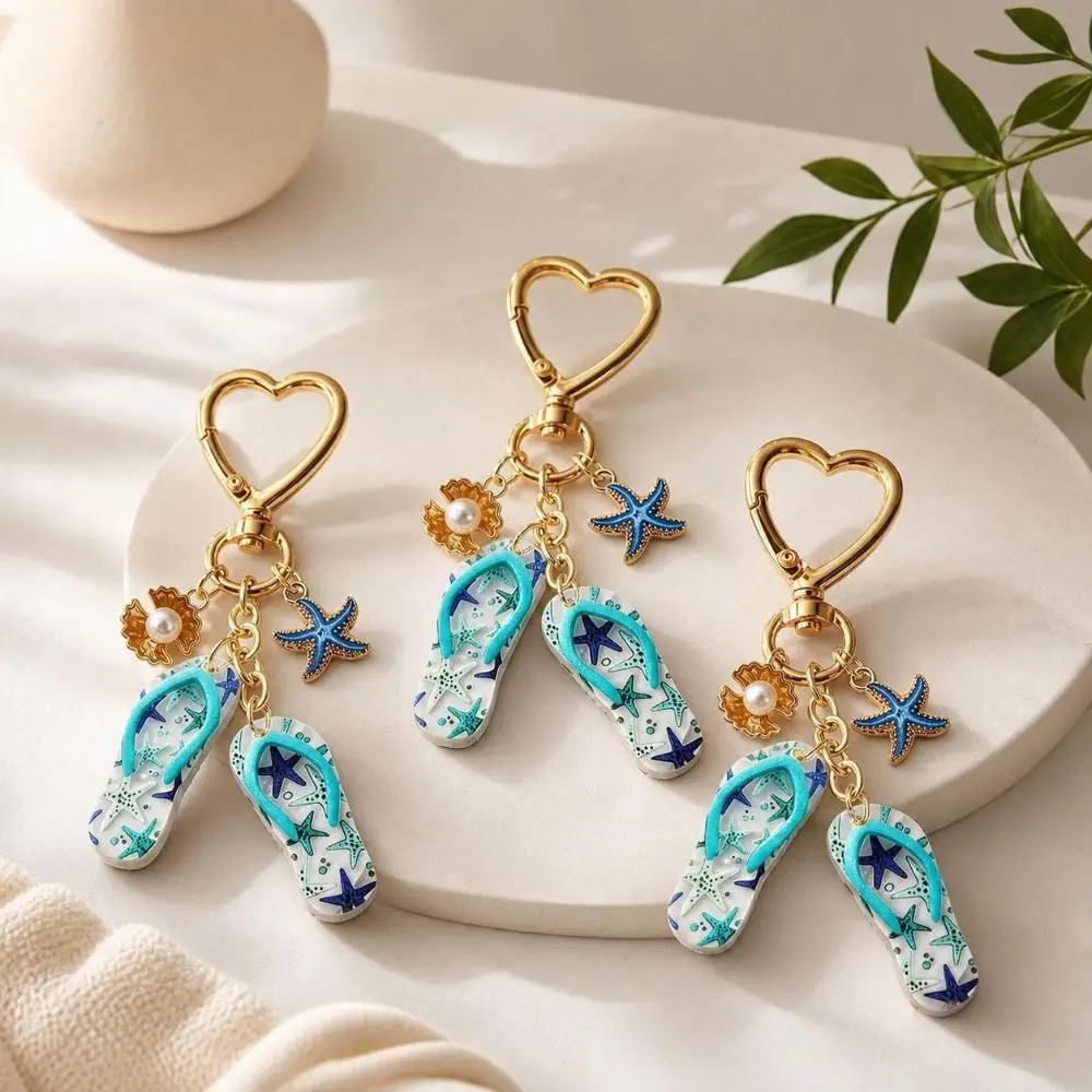 Acrylic Flip Flop Starfish Keychain Heart Clasp Anti-fade Summer Beach Pearl Keyring Portable Funny Ocean Shell Bag Charm