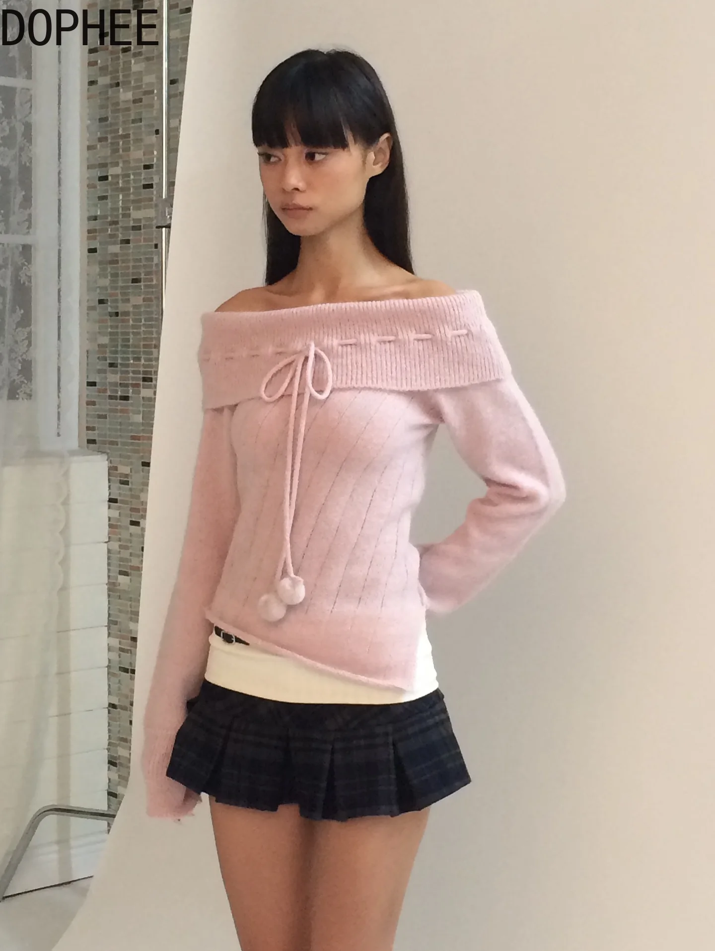 

Корейский модный осенне-зимний пуловер с открытыми плечами и вырезом на шее, нерегулярный однотонный женский вязаный свитер с длинными рукавами, топы