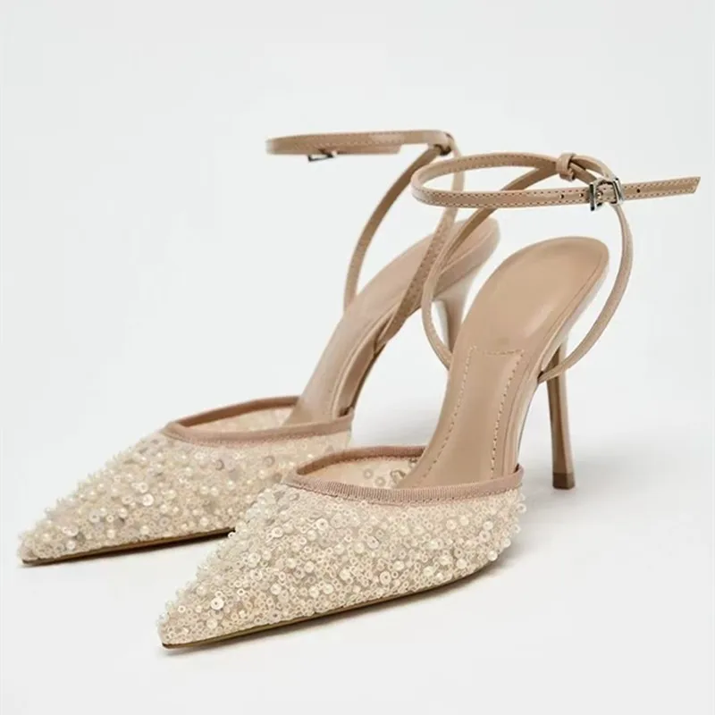 

Bling String Bead Elegant High Heels Women Mesh Pointed Toe Ankle Strap Design Sexy Designer Sandals Luxury Wedding Bridal Pumps