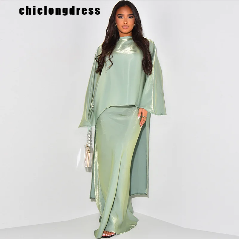 

Summer Elegant Muslim Two Piece Set Women Fashion Streamer Satin Top Fishtail Skirt Two Piece Suit Women