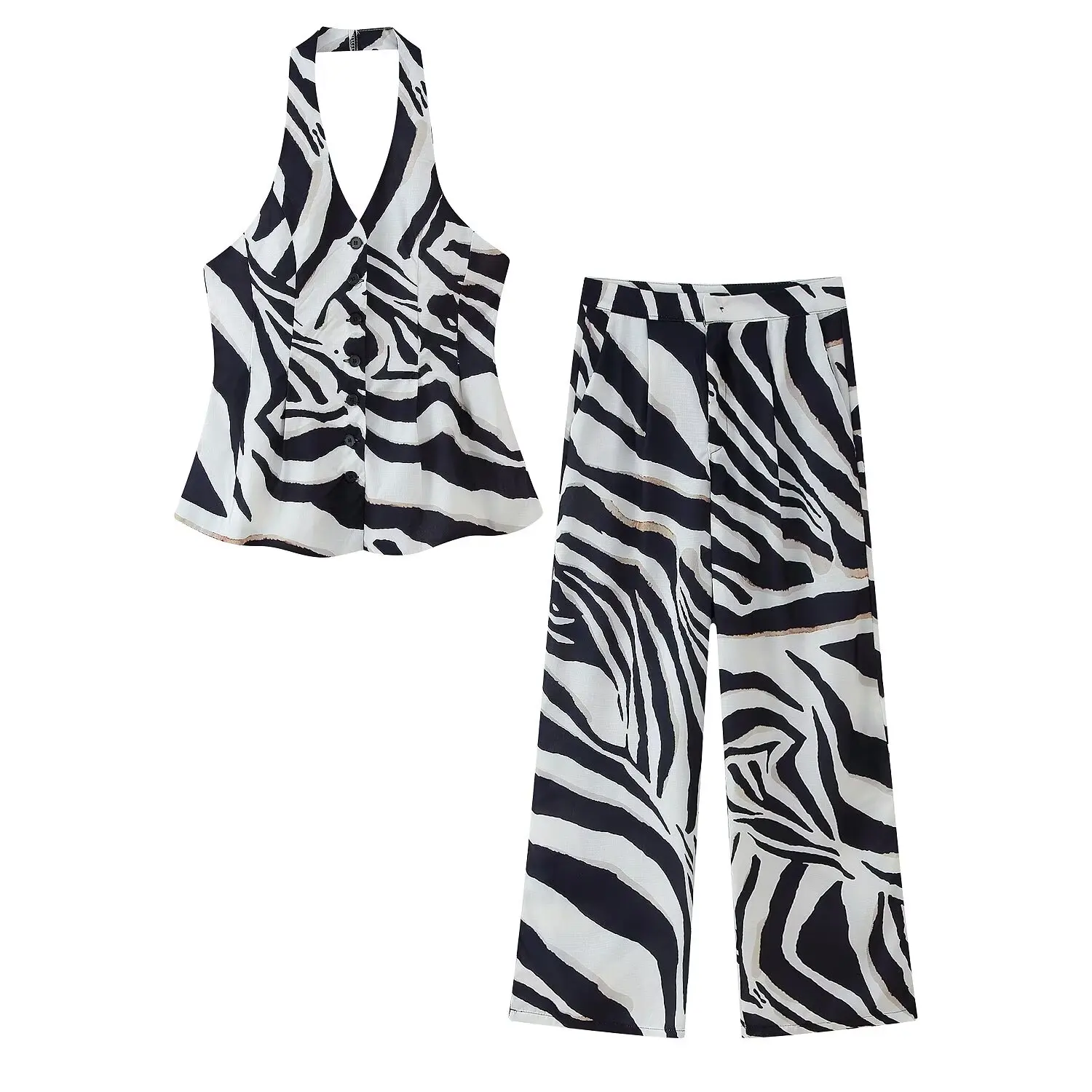 PRINTKAOIR Women Summer Pants And Hanging Neck Zebra Printed Vest Tops+High Waist Zipper Casual Loose Baggy Pants Beach Holiday