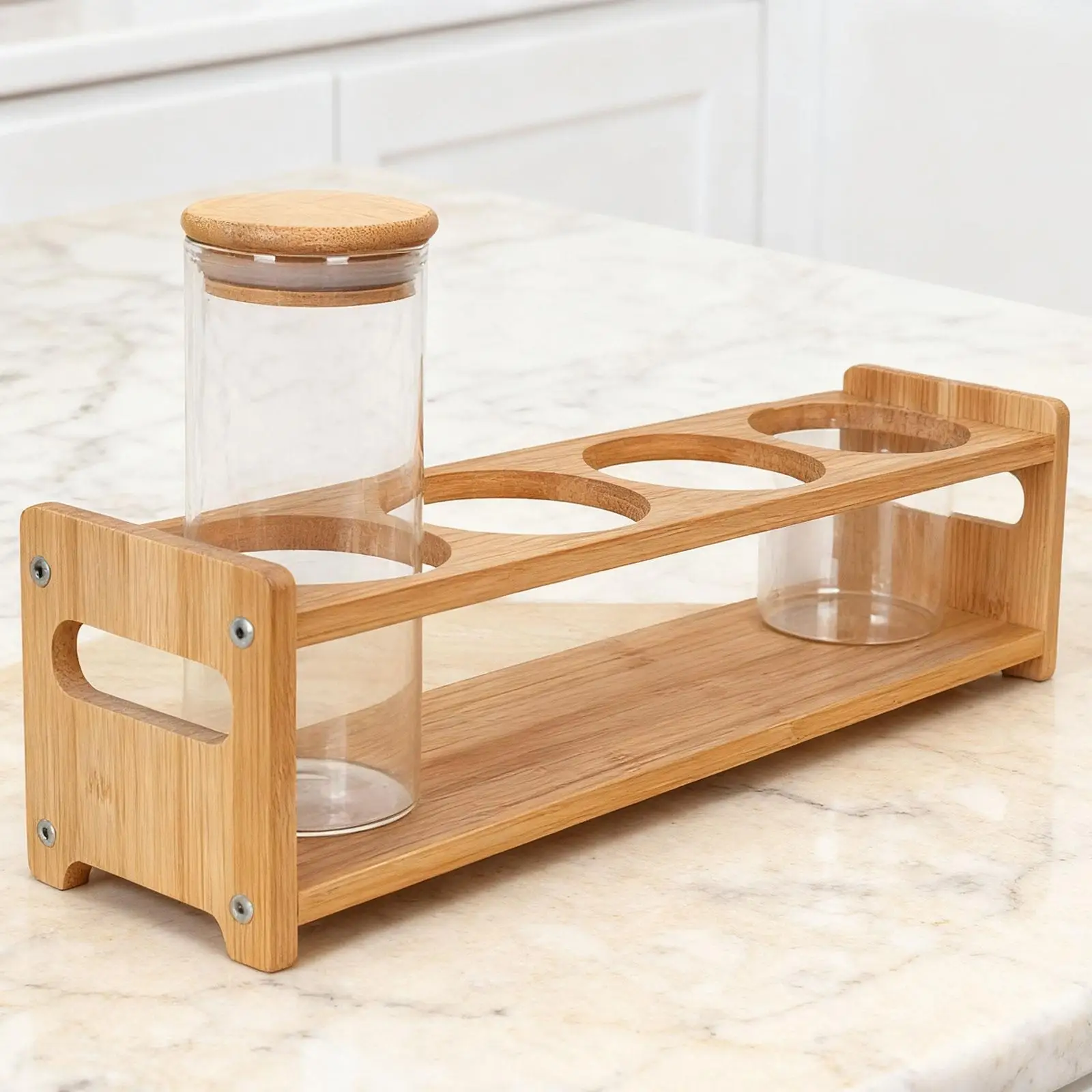 Natural Wood Kitchen Organizer Countertop Oil Bottle Holder 4 Hole Spice Rack for Kitchen Storage