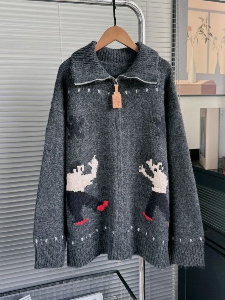 

2025 New Sweaters Turn Down Collar Long Sleeev Zipper Jacquard Cardigan Casual Loose Knit Tops Fashion Vintage Women's Clothing