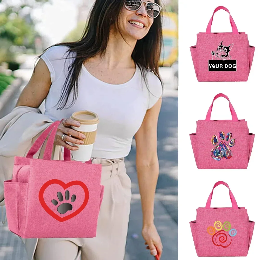 Lunch Bag Kids Thermal Insulated Pink Lunch Box Cooler Bento Pouch Handbag Printing FootprintsSeries for Outdoor Picnic