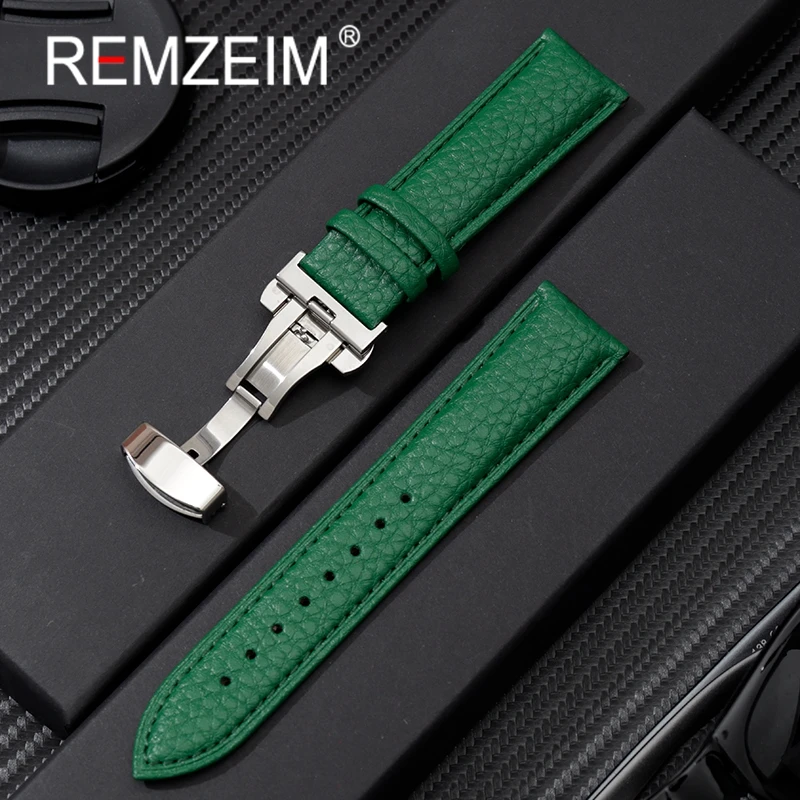 Litchi patterned Genuine Calfskin Leather Watchband 18mm 20mm 22mm Straps with Solid Automatic Butterfly Buckle Watch Band